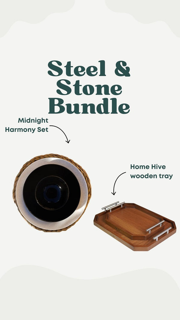 Steel & Stone Bundle  ( 26-piece porcelain dinner set + 2-pieces wooden tray set )