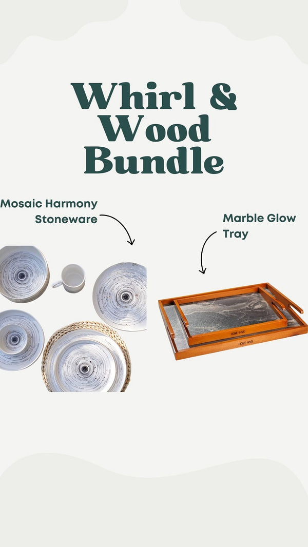Whirl & Wood Bundle ( 32-piece porcelain dinner set + 2-pieces wooden tray set)