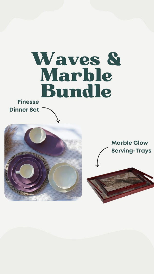 Waves & Marble Bundle ( 40-piece porcelain dinner set +  2-pieces natural wood tray set )