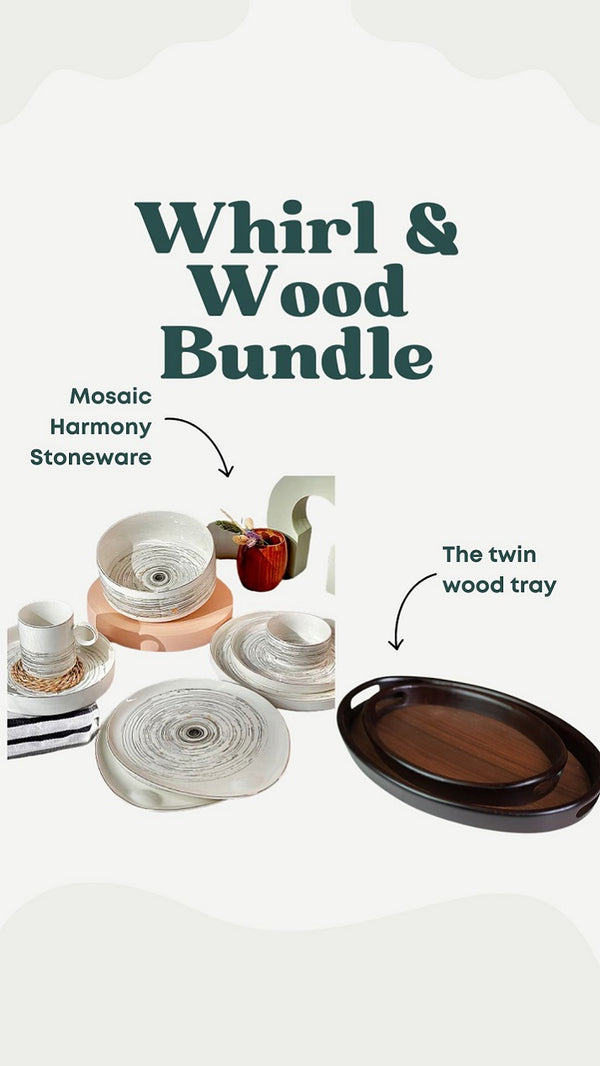 Whirl & Wood Bundle ( 32-piece porcelain dinner set + 2-pieces wooden tray set)