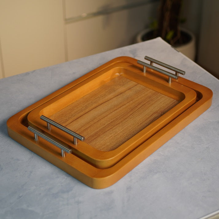 Maple Steel Handle Wooden Tray Set (2 pieces)